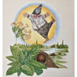 Owen Wood Watercolour Mole jumping for joy, original watercolour for the dust jacket for the Wind in