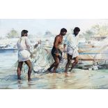 Trevor Waugh Watercolour "Underneath the Arches" - African fishing scene, signed lower right,
