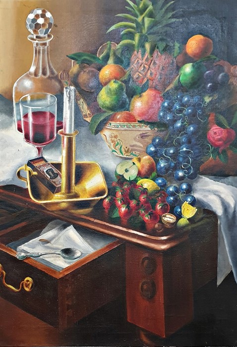 Ronald Smith (1930-1999) Oil on canvas  Still life study of various fruits, wine decanter and