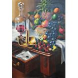 Ronald Smith (1930-1999) Oil on canvas  Still life study of various fruits, wine decanter and