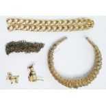 Gilt metal choker of twisted wire design, animal brooches, clip earrings, beads and other