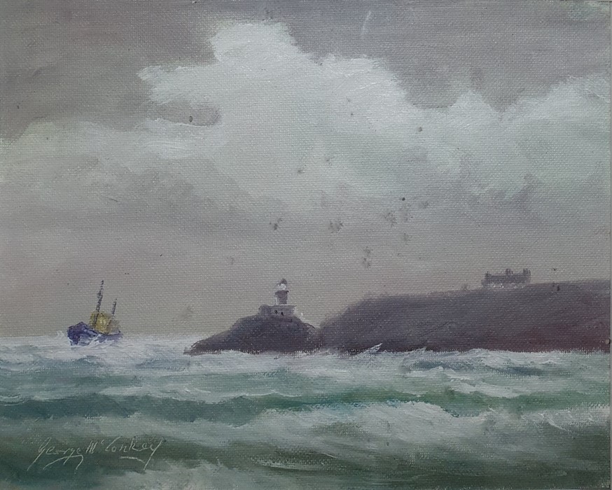 George McConkey Oil Rough sea, signed lower left, together with Harrie McManus "Evening Sky, Hawth