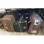 Various vintage cases including a large leather travelling trunk with P&O labels Oriental line, a