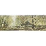 Pamela Cook Oil on board Wooded landscape, signed lower left, 29 x89cm