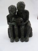 Marlene Badger bronze sculpture, African boys reading, 14cm tall
