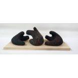 Marlene Badger terracotta sculpture -  "On Guard", three works set on single wooden plinth, sign