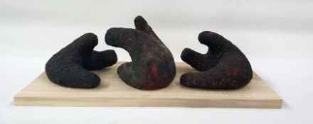 Marlene Badger terracotta sculpture -  "On Guard", three works set on single wooden plinth, sign