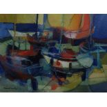 Moira Huntley (20th Century)  Watercolour  "Floats",  Boats in harbour, signed lower left, 15cm x