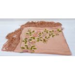 Peach-coloured Chinese silk embroidered shawl embroidered in one corner and a black embroidered