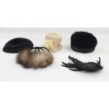 1950's hats - feathered hat, black straw coolie hat with faux flower and net detail, feathered hat