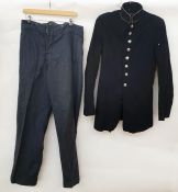 Pair of blue serge vintage gentleman's trousers and a black jacket, apparently American, with
