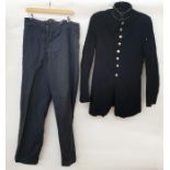 Pair of blue serge vintage gentleman's trousers and a black jacket, apparently American, with