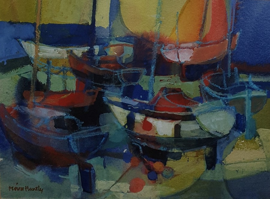 Moira Huntley (20th Century)  Watercolour  "Floats",  Boats in harbour, signed lower left, 15cm x - Image 2 of 2