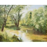 Valerie Chilton "Sun and Shadow sunlit woodland pool" signed and labelled verso, 39 x 49.5 cm