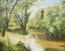 Valerie Chilton "Sun and Shadow sunlit woodland pool" signed and labelled verso, 39 x 49.5 cm