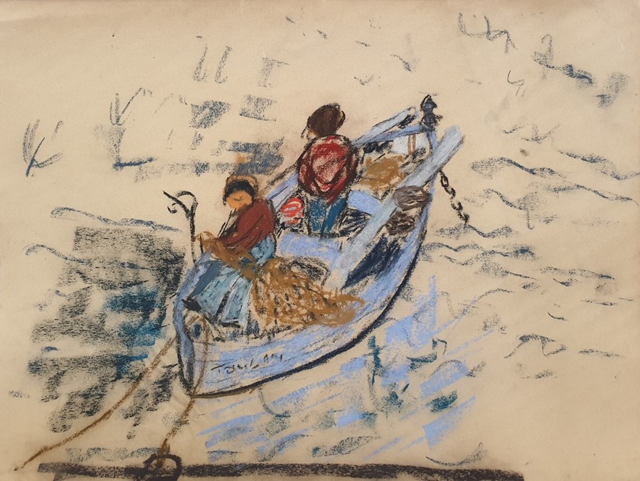 W. G. Scott-Brown 'Bill' (1897-1987) Pastel Figures in boat 'Toulon' mending nets, probably South of