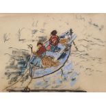 W. G. Scott-Brown 'Bill' (1897-1987) Pastel Figures in boat 'Toulon' mending nets, probably South of