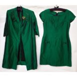 Emerald green wild silk coat with pleated collar and matching shift dress with bow detail to the