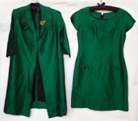 Emerald green wild silk coat with pleated collar and matching shift dress with bow detail to the