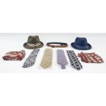 Two Lily & Poppy pork-pie gentleman's straw hats, a selection of silk ties including Liberty in