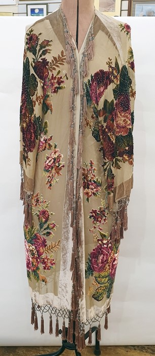 1920's style chiffon and panne velvet devore evening coat with fringed sleeves and reveres,