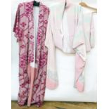 Screen silk printed Oriental coat and a crepe kimono in shades of pastel colours (2)  Condition