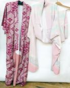 Screen silk printed Oriental coat and a crepe kimono in shades of pastel colours (2)  Condition