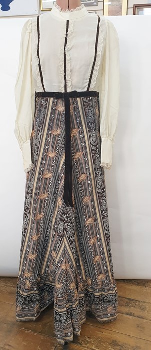 Quantity of 1970's maxi dresses including one labelled 'Devonshire Lady' with cream bodice, brown