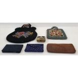 Various vintage evening bags, two beaded and including a fabric polka-dot evening bag, a horn clutch