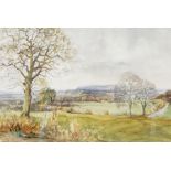 Margot Harrison Watercolour View across the valley Windrush, signed lower left, 28.5cm x 43.5cm
