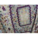 Mid twentieth century patchwork quilt, back with mauve satin, 249 x 237 cms approx. some patches