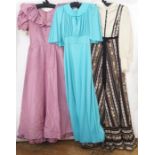 Assorted 1970's/80's maxi dresses including a pink satin evening dress, a peasant-style maxi dress