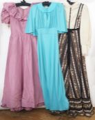 Assorted 1970's/80's maxi dresses including a pink satin evening dress, a peasant-style maxi dress