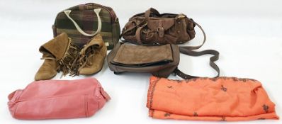 Quantity of vintage handbags, a pair of suede fringed boots, quantity of scarves including Liberty