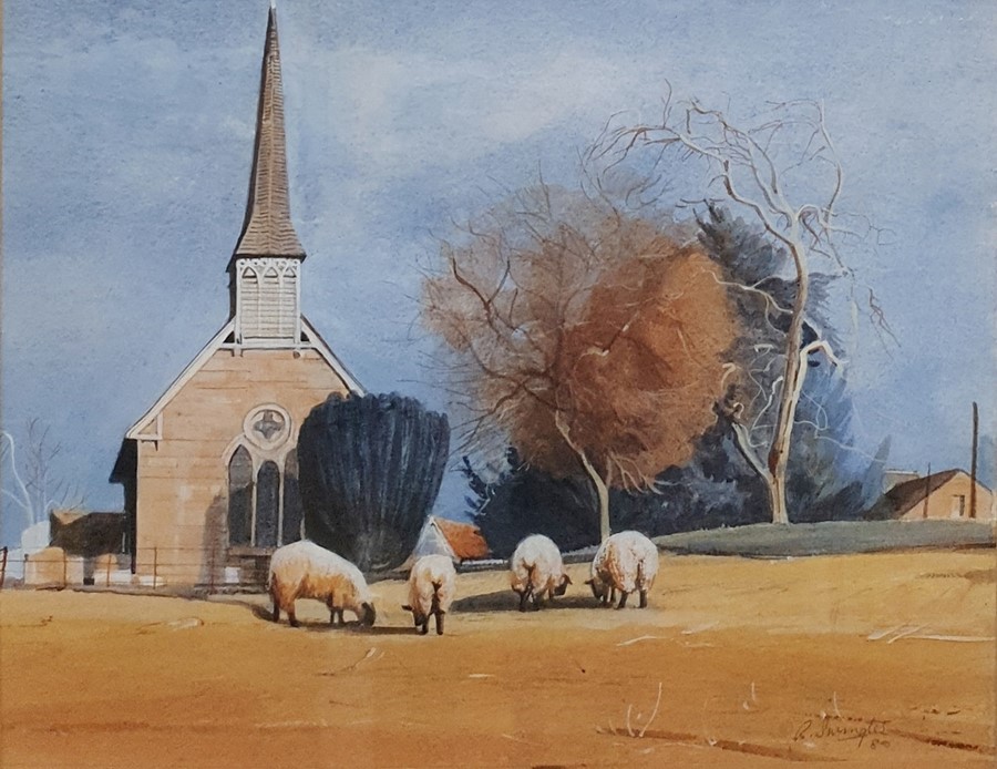 Brian Swindler Watercolour Study of four sheep with church in background, signed in pencil lower - Image 3 of 3