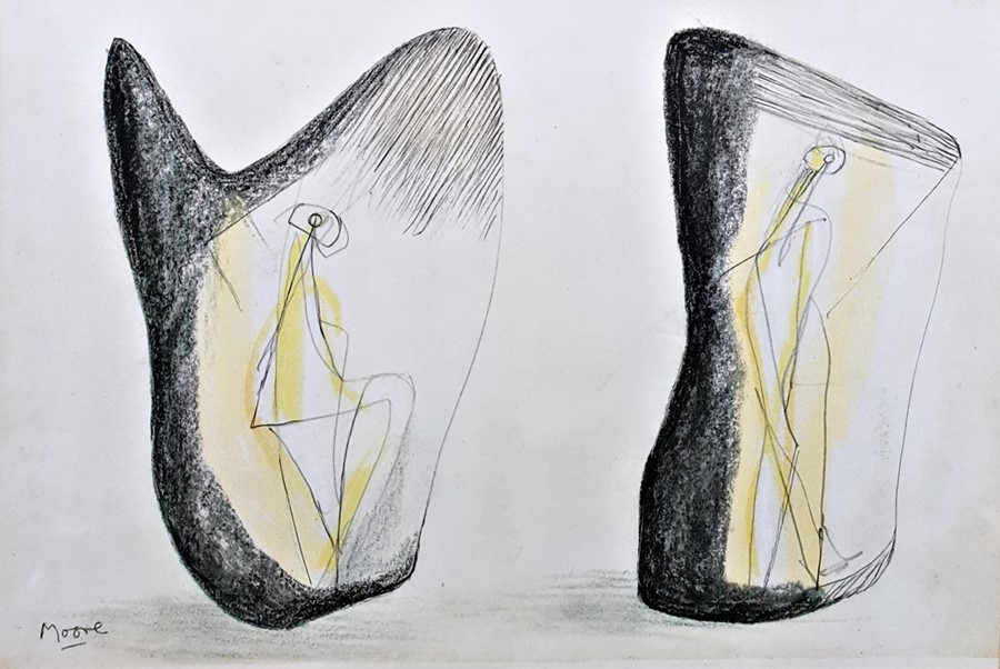 After Henry Moore (1898-1986) Lithographic print Figures in sculpture, bearing printed signature - Image 2 of 2