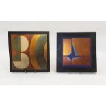 Pair paintings on glass by Hugo Hermann, each in the form of square glass tile, abstract painted