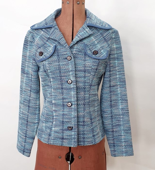 Assorted 1960's/70's clothes including a blue tweed jacket labelled 'Carnegie', a nylon handkerchief
