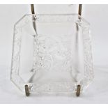 Lalique dish, decorated with tree of life birds, square form with canted corners, 8.5cm