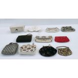 Quantity of various vintage evening bags including a brown suede minaudier with gilt-coloured