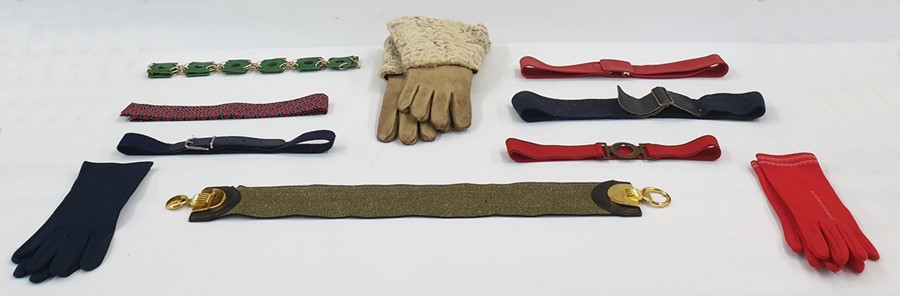 Pair of leather and lambswool vintage gauntlets, a selection of belts, gloves, etc (1 box)