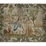 Carolean 17th century stumpwork and embroidered picture on silk with raised details, seedpearl