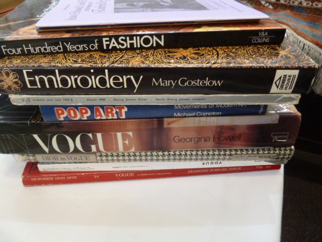 Collection of books on Fashion, Embroidery, Knitting, Shawls, etc and a  Winnie the Pooh poster