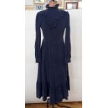 Blue corduroy 1970's dress labelled 'Doreen Junyer(?)' with piecrust collar, frilled bib to the