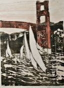 After Lou Waterman Limited edition linocut 38/100 "Golden Gate", signed in pencil lower right,