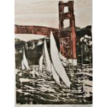 After Lou Waterman Limited edition linocut 38/100 "Golden Gate", signed in pencil lower right,