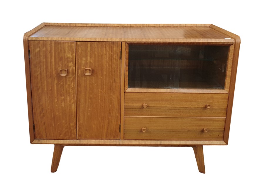 20th century Homeworthy teak/stained wood sideboard, glazed upper section, two drawers below and