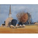 Brian Swindler Watercolour Study of four sheep with church in background, signed in pencil lower