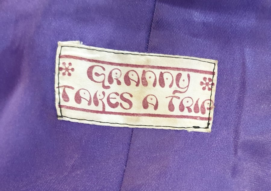 'Granny Takes a Trip' labelled velvet hooded cloak lined with purple silk, frogging fastening - Image 2 of 2