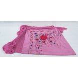 Large pink silk piano shawl, heavily embroidered and deep pink fringe